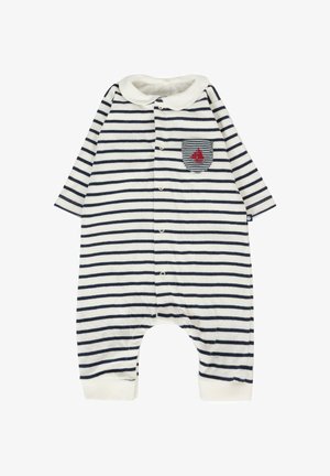 Gestreepte romper van zacht materiaal, met marineblauwe en witte strepen, een witte kraag, knopen aan de voorkant en een opgestikte zak met rode details.