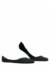 Zwarte ballerina's van flexibel stof, met een lage uitsnede en een ronde neus. Eén schoen toont witte tekst langs de zijkant.