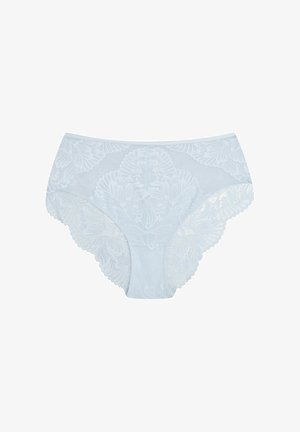 Jasnoniebieskie koronkowe majtki z kwiatowym wzorem, falbaniastym wykończeniem i gładką talią. Tekstura jest delikatna z misternymi detalami.