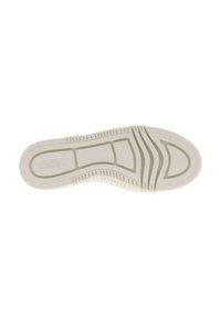 Semelle de chaussure en caoutchouc blanc cassé avec une surface texturée, des rainures et des crêtes en relief pour une meilleure adhérence. Présente l'empreinte du logo de la marque.