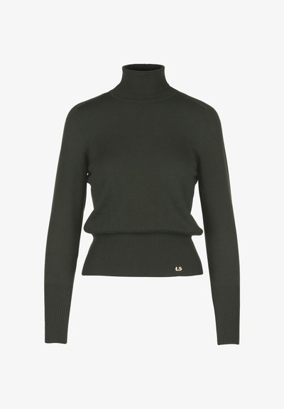 Temnozeleni pulover z visokim ovratnikom iz pletenine. Ima dolge rokave in oprijet rob. Majhna logotipna oznaka blizu roba.