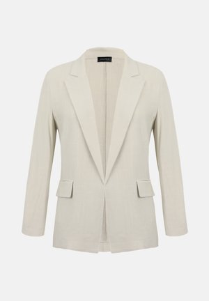 Beige skræddersyet blazer med hakkede revers, lange ærmer, to forlommer med klap og et åbent frontdesign.