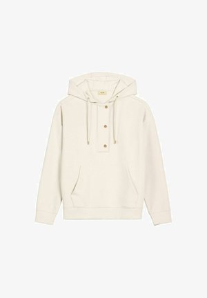 Kremowy pulower z kapturem, z przednią kieszenią typu kangur, regulowanym sznurkiem w kapturze oraz trzema złotymi zatrzaskami na listwie na wysokości klatki piersiowej.