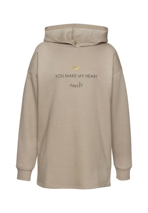 Beige hoodie made of soft fabric, featuring a large front print reading "YOU MAKE MY HEART smile" with a small gold heart accent.