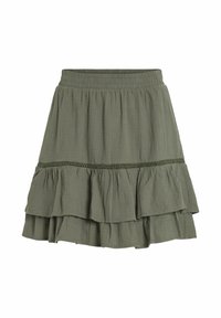 Olivgrön volangkjol med elastisk midja och volangdetaljer över mitten och de nedre sektionerna.