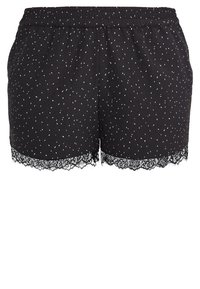 Černé šortky s bílou tečkovanou vzorovou, elastickým pasem a krajkovým lemem na okraji. Měkká tkanina, pohodlný střih s hladkou texturou.