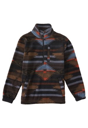 Forro polar con media cremallera, cuello alto, bolsillos laterales y en el pecho, con un patrón geométrico en tonos marrón, azul, gris y naranja.