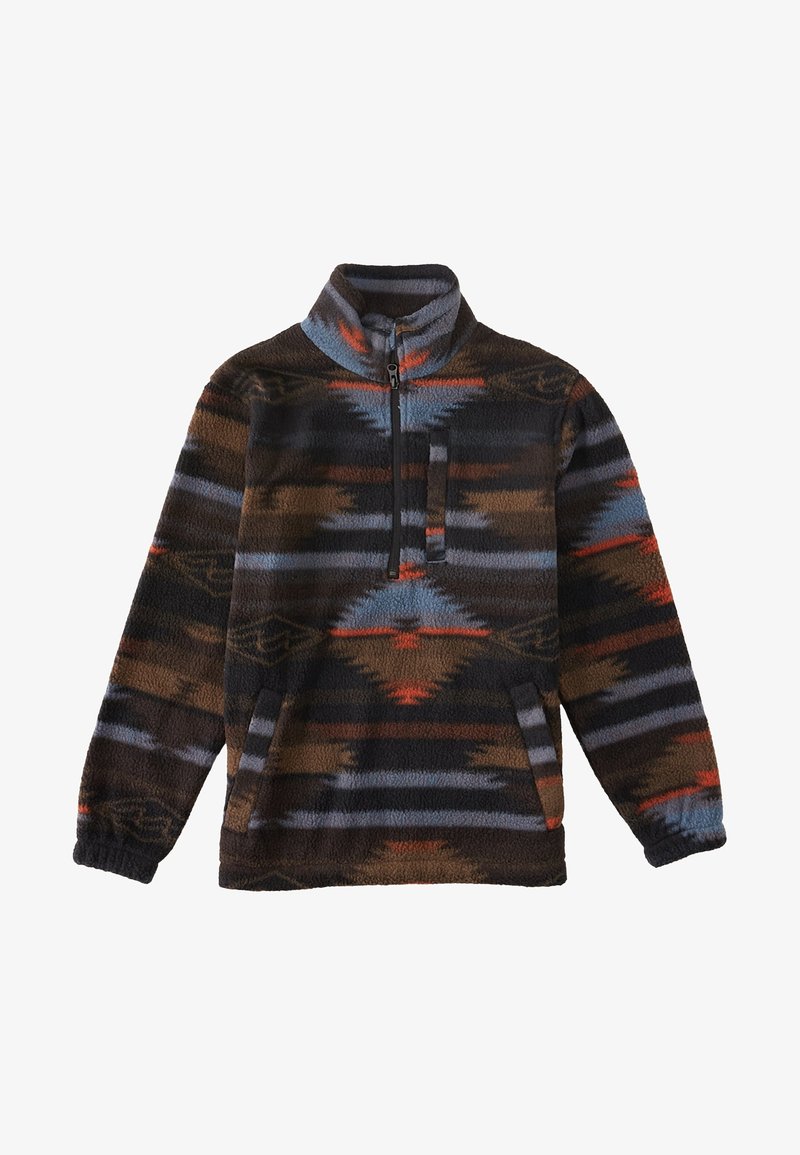 Pull polaire avec demi-fermeture éclair, col montant, poches latérales et poitrine, présentant un motif géométrique aux tons marron, bleu, gris et orange.
