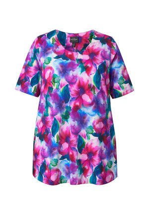 Naisten lyhythihainen pusero, jossa kirkkaan pinkki, purppura, sininen ja vihreä kukkakuvio valkoisella taustalla.