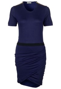 Námornícké šaty s krátkým rukávem z hladké látky, s úzkým korzetem, nabíranou sukni a zlatými zipovými detaily na ramenou.