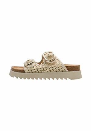 Beige slidesandal med et vævet overlæder med to justerbare spænder, en korkfodplade og en let gummisål med zigzag-mønster.