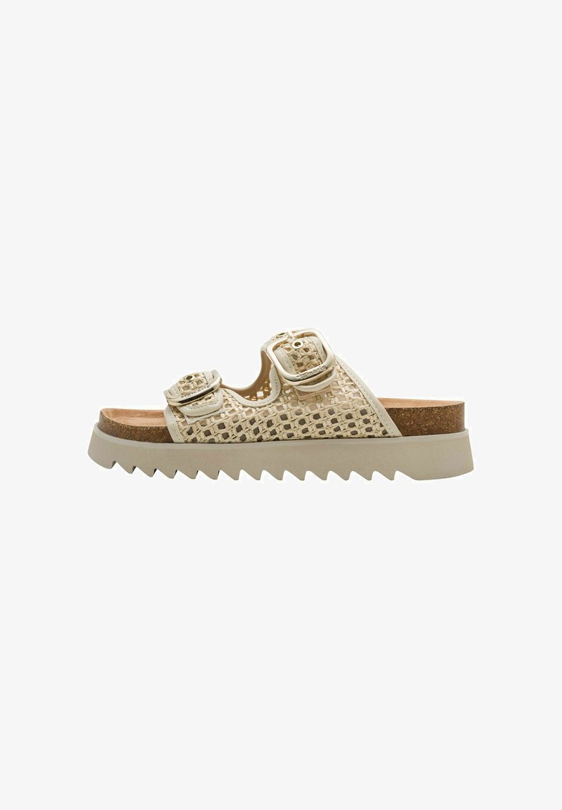 Sandale beige à enfiler avec une tige tissée, deux boucles réglables, une semelle intérieure en liège et une semelle extérieure en caoutchouc légère avec motif en zigzag.