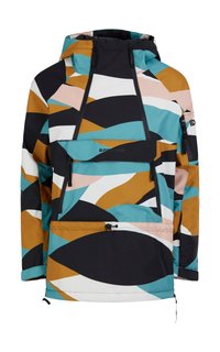 Kolorowa kurtka z kapturem o geometrycznym wzorze w kolorach morskim, czarnym, białym, różowym i brązowym. Posiada przednią kieszeń i sznurek ściągający na dole.
