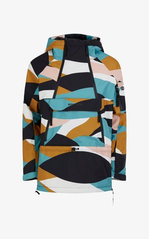 Kolorowa kurtka z kapturem o geometrycznym wzorze w kolorach morskim, czarnym, białym, różowym i brązowym. Posiada przednią kieszeń i sznurek ściągający na dole.