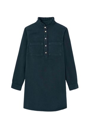 Robe longue à manches longues vert foncé avec col haut à volants, patte de boutonnage pressionnée et deux poches plaquées sur la poitrine.