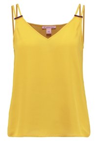 Gul ärmlös topp med V-ringning, tunna band och subtil lyster. Slät tyg utan synliga mönster eller detaljer.