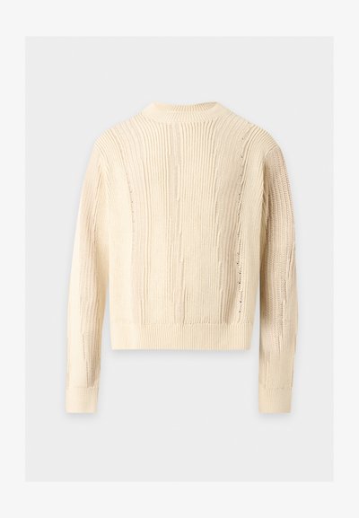 Pull en maille couleur crème avec manches longues et poignets côtelés, vu de dos sur un fond clair uni.