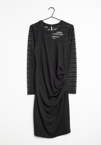 Schwarzes Kleid mit langen gestreiften Ärmeln, drapiertem Vorderteil, aus weichem Material. Verfügt über einen runden Ausschnitt und einen Reißverschluss im Rücken.
