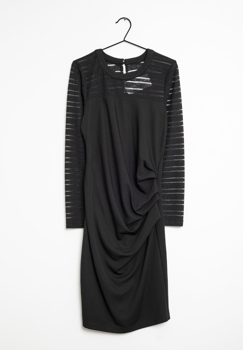 Abito nero con maniche lunghe a righe, drappeggiato sul davanti, realizzato in tessuto morbido. Presenta un collo rotondo e una cerniera sul retro.