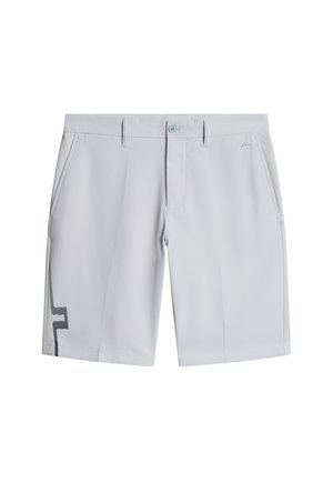 Light gray golf shorts with a smooth, lightweight fabric. Features two front pockets and a black stripe design on the left side.