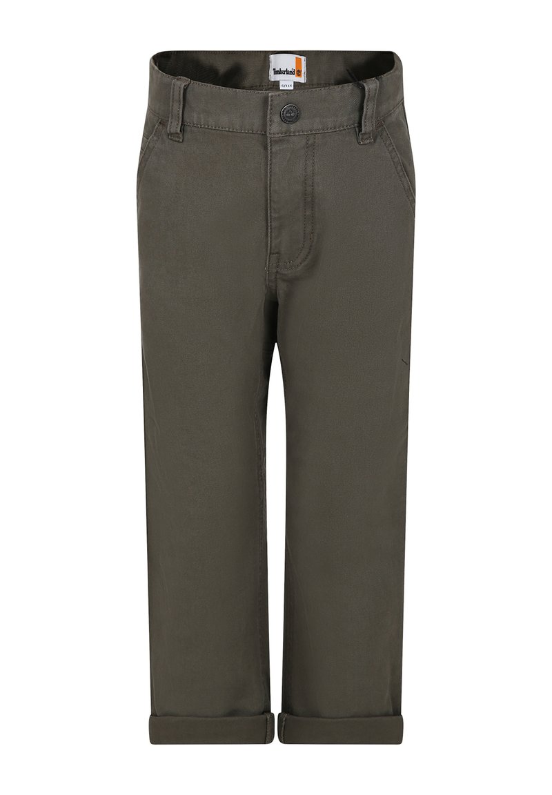 Chinos verde scuro con una texture liscia, dotati di chiusura con bottone, orli arrotolati e tasche frontali. Etichetta visibile in vita.
