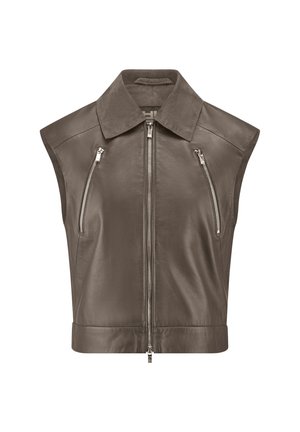 Sleeveless brown leather vest with a wide collar and central zipper, featuring two angled zippered chest pockets on a white background.