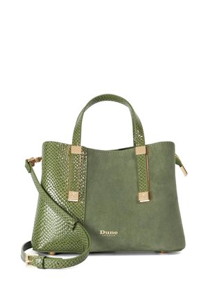 Groene Dune London handtas met handvatten en riem in slangenhuidtextuur, gouden accenten en een gladde body op een witte achtergrond.