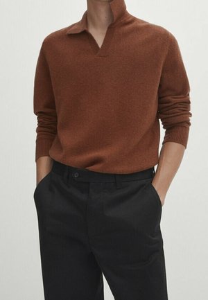 Maglione marrone lavorato a maglia con colletto a risvolto, maniche lunghe e polsini a costine, abbinato a pantaloni neri su misura. Tessuto liscio e vestibilità rilassata.