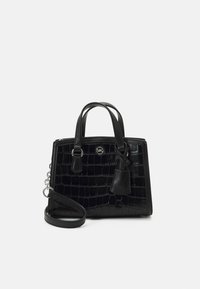 Black faux leather handbag with a crocodile texture, structured design, short handles, detachable shoulder strap, and logo detail.