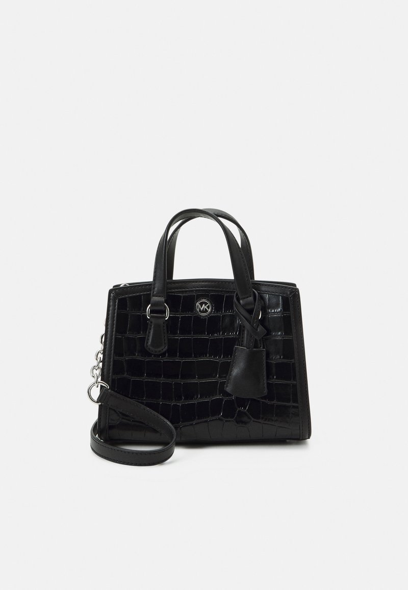 Black faux leather handbag with a crocodile texture, structured design, short handles, detachable shoulder strap, and logo detail.