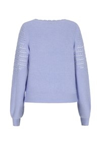 Maglione lilla con texture a coste, maniche lunghe e dettagli a maglia aperta sulle spalle. Collo a zigzag e vestibilità cropped.