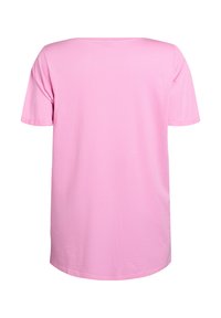 Pink cotton T-shirt with a straight cut, short sleeves, and a rounded neckline. Smooth texture and no visible patterns or embellishments.