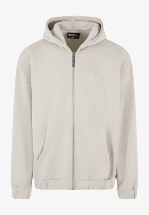 Haut de sweat à capuche zippé gris clair en matière douce. Il possède une capuche doublée, des poches avant et un logo de marque brodé sur la poitrine.