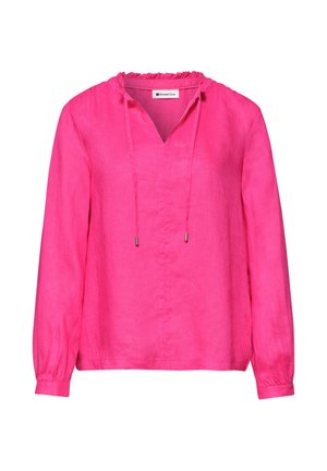 Blusa de manga larga en rosa brillante con cuello con volantes, escote en V y cordones para atar, hecha de tela ligera.