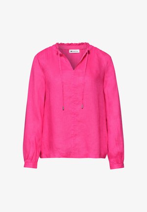 Kirkkaan pinkki pitkähihainen pusero, jossa on röyhelökaulus, V-pääntie ja nauhat, valmistettu kevyestä kankaasta.