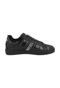 Black faux leather sneakers with a textured surface, padded collar, and rubber sole. Features lace-up closure and contrasting white branding.
