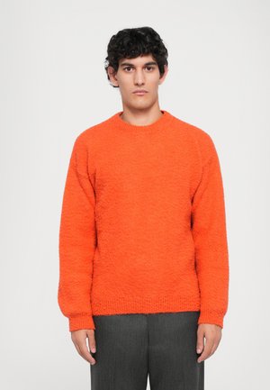 Junger Mann, der mit dem Gesicht nach vorne steht, trägt einen leuchtend orangefarbenen strukturierten Pullover und dunkelgraue Hosen vor einem schlichten Hintergrund.