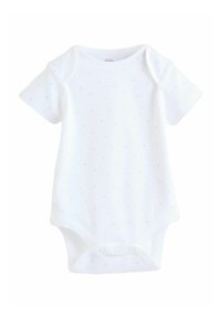 Valge beebi bodi lühikeste käiste ja väikese helesinise tähtede mustriga, millel on all kolm krõpsnööpi.