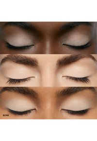 Drie close-up beelden van gesloten ogen met neutrale oogschaduw; de tinten variëren van licht bruin tot donkerdere tinten, met een zachte, matte textuur.