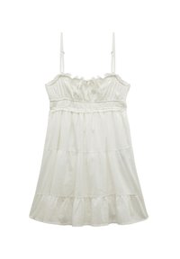 Vestido blanco sin mangas con un escote con volantes, tirantes ajustables, cintura elástica y falda en capas para una silueta fluida.