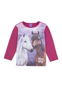 T-shirt a maniche lunghe con una grafica di un cavallo bianco e marrone su uno sfondo viola. Tessuto morbido con scollatura rotonda. Etichetta del marchio visibile.