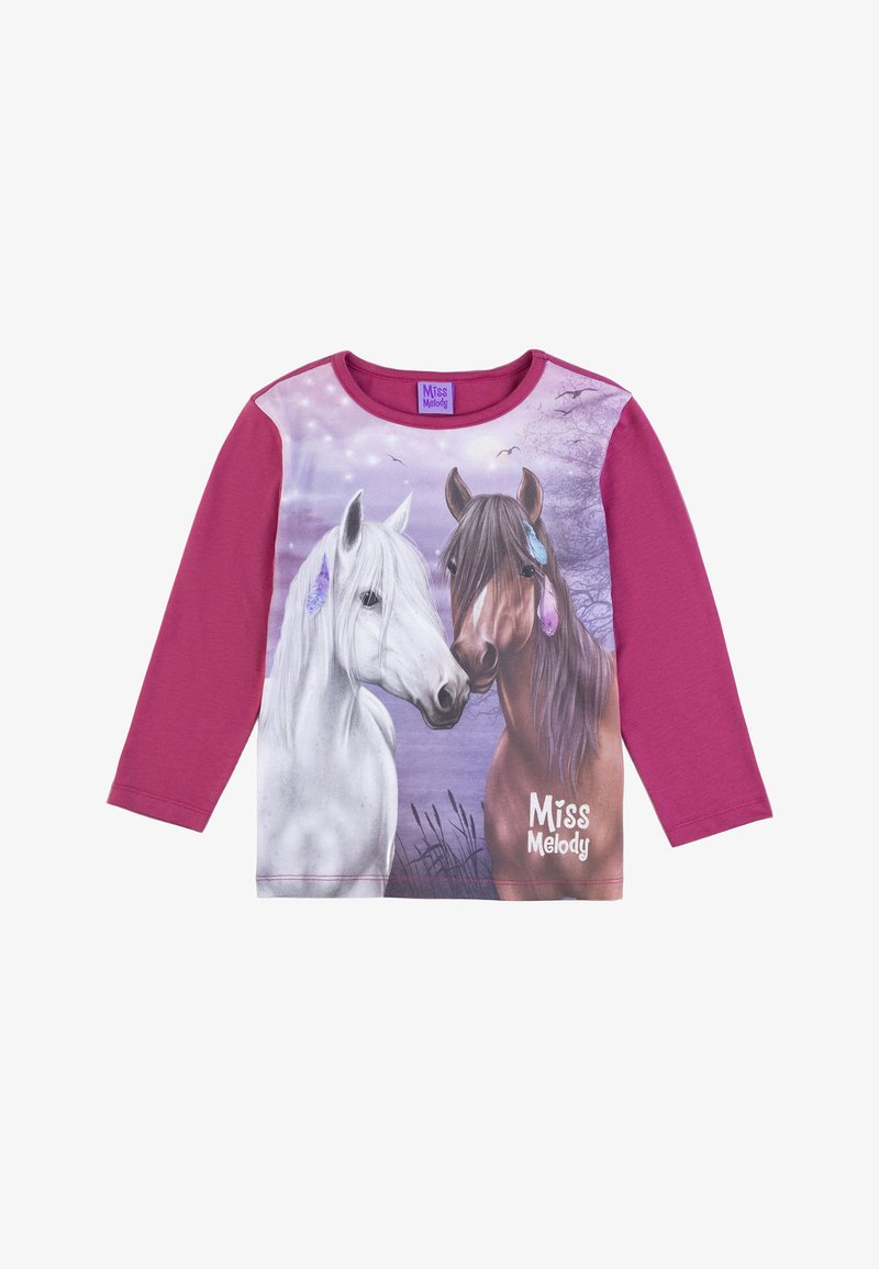 T-shirt a maniche lunghe con una grafica di un cavallo bianco e marrone su uno sfondo viola. Tessuto morbido con scollatura rotonda. Etichetta del marchio visibile.