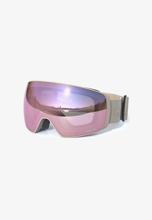 Lunettes de ski avec une lentille rose, une monture beige et une sangle texturée. Caractéristiques d'un design incurvé avec de légers reflets et un logo sur le côté.