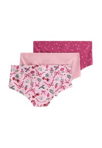 Sæt med tre kvinders bomulds hipster trusser. Består af to ensfarvede pink modeller og en pink mønstret med blomster, bånd og stjerner.