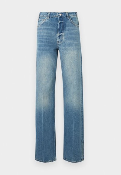 Light blue straight-leg denim jeans with a button closure, front pockets, and faded detailing on thighs and knees.