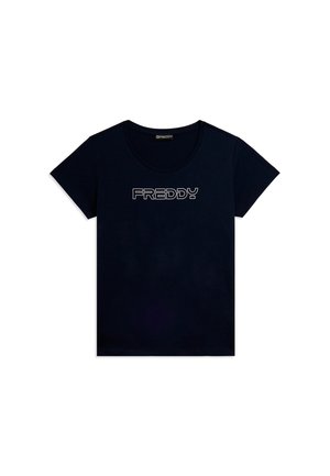 T-shirt nera a maniche corte con scollo arrotondato, con la scritta "FREDDY" in rilievo bianco al centro del petto.