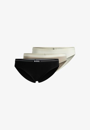 Three pairs of women's briefs in black, beige, and light beige, featuring an elastic waistband with the brand name "BOSS" and a smooth texture.