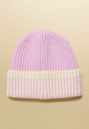 Soft ribbed knit beanie with folded cuff, featuring light pink on top and cream-striped pink on the cuff, on beige background.