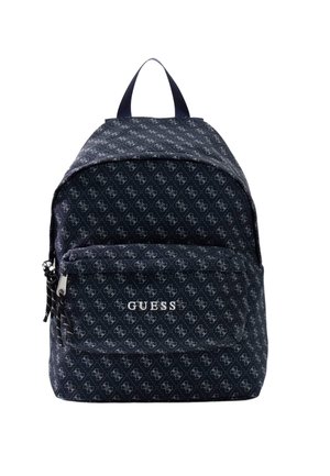 Sac à dos Guess bleu foncé avec motif logo blanc et poche avant zippée arborant le nom de la marque Guess en lettres blanches.