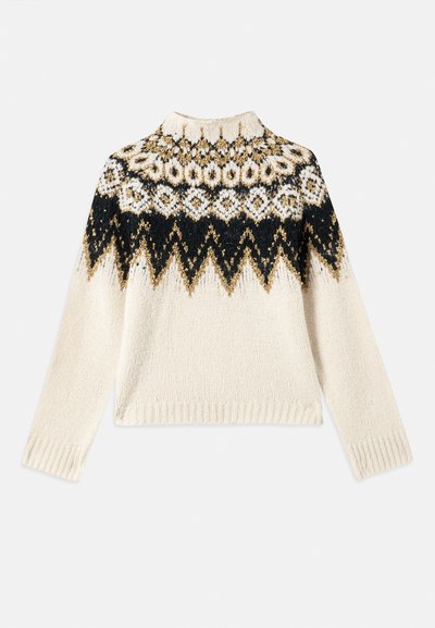 Krém színű kötött pulóver hosszú ujjakkal, fekete és arany geometrikus mintákkal a nyakrészen és a magas nyakon.
